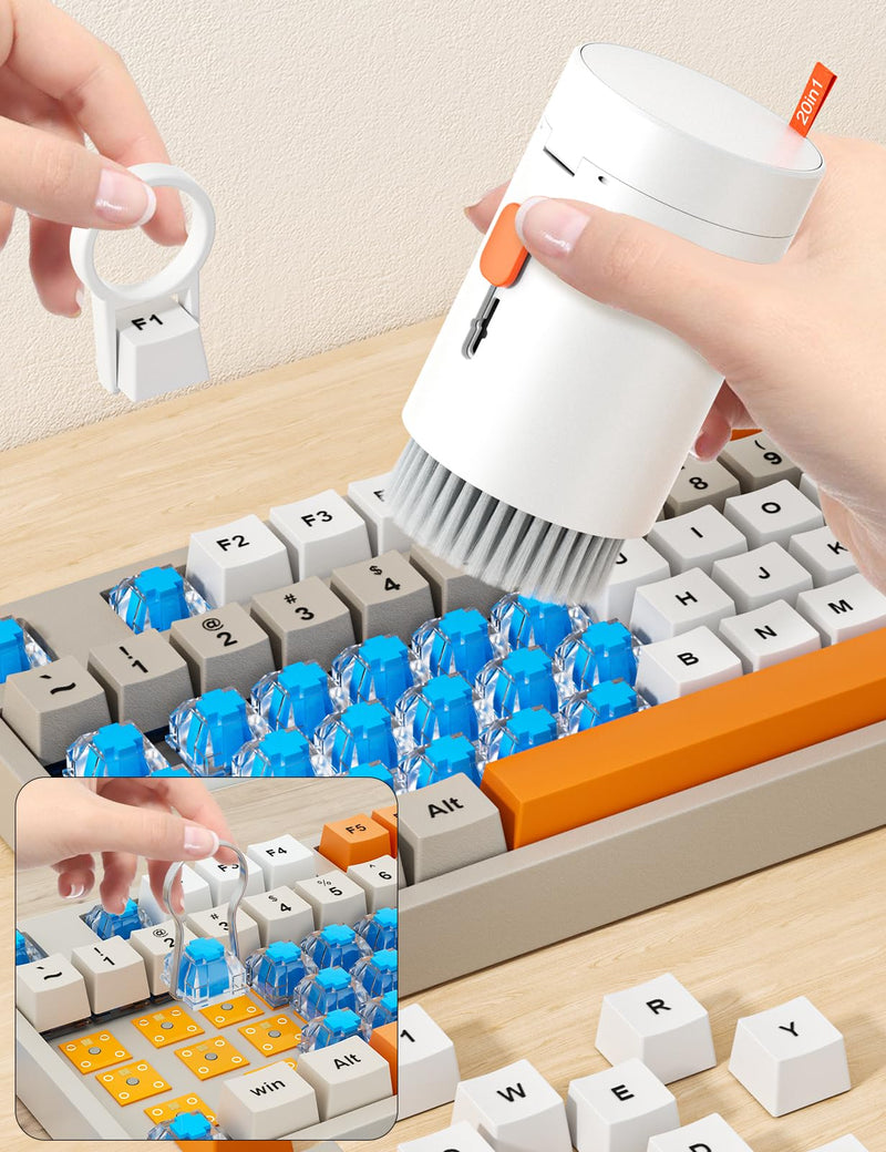 Tounee Keyboard Cleaner Kit, Electronics Cleaning Kit with Retractable Big Brush, Portable, 20 in 1 Multi-Tool Kit for Phones, Tablet, Computer, PC Monitor,TV Camera Lens with 2.5ml Mist Spray (White) White