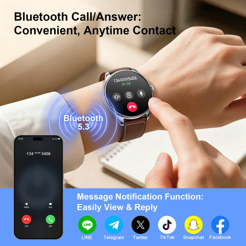 Smart Watches for Men, 1.43" AMOLED HD Screen 6.8mm Ultra Thin Men's Wrist Watches, Answer/Make Call for Android iPhone, Monitor Heart Rate Blood Oxygen Sleep Mens Leather Watch (Brown)