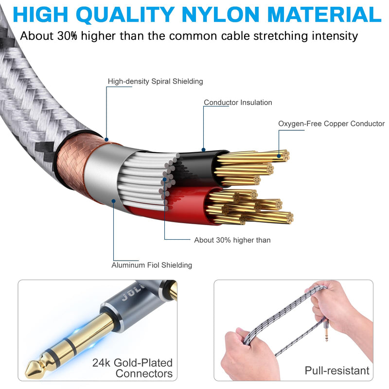 1/4 Inch TRS Instrument Cable 15 FT 2-Pack, Quarter inch Audio Cable, 6.35 Balanced Interconnect Line for Electric Guitar, Bass, Keyboard, Mixer, Amplifier, Speaker, Electric Mandolin 15 Feet TRS Cable 2-Pack Grey