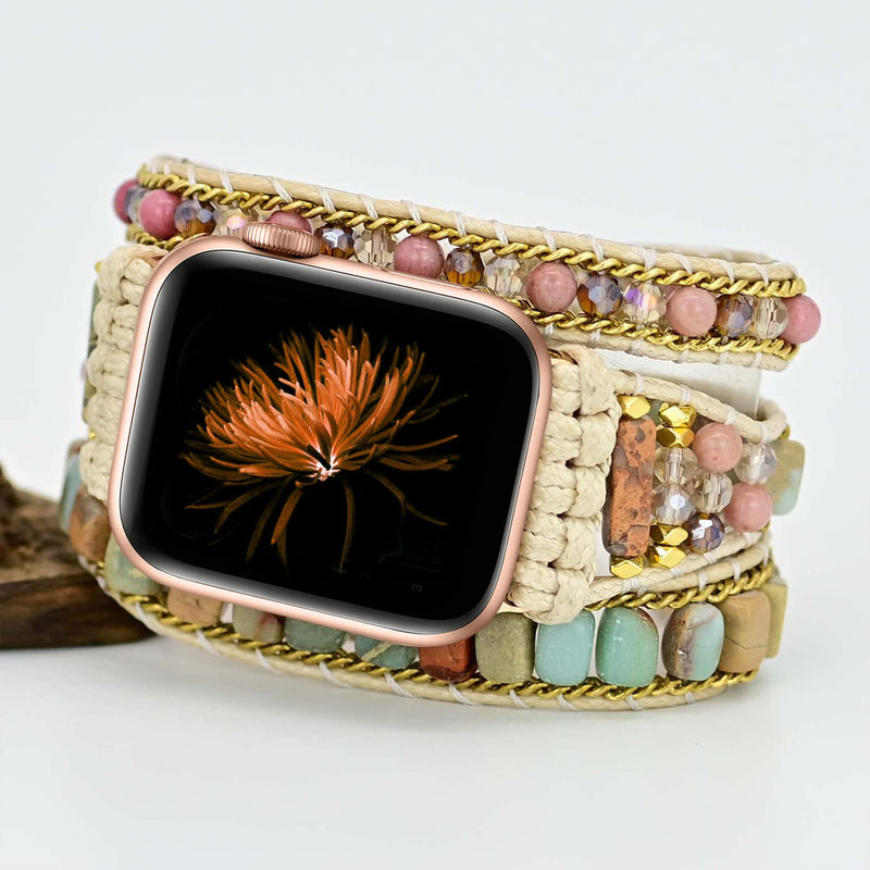 Handmade Boho Watch Band Compatible with Apple Watch 49MM 45MM 44MM 42MM 41MM 40MM 38MM Beaded Wrap Bracelet for iWatch Ultra, Series SE/9/8/7/6/5/4/3/2/1, Fancy Strap for Women (5.5"-6.3")-41/40/38MM/(42MM-Series 10) Jasper