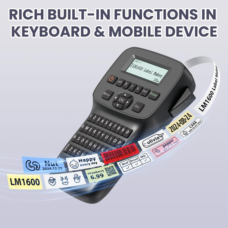 [AUSTRALIA] - Label Maker Machine with Tapes Waterproof, Rechargeable Label Maker Portable, Keyboard Label Maker with Backlit Screen, Bluetooth Labeler for School Office Industrial Use, LM1600 Black 