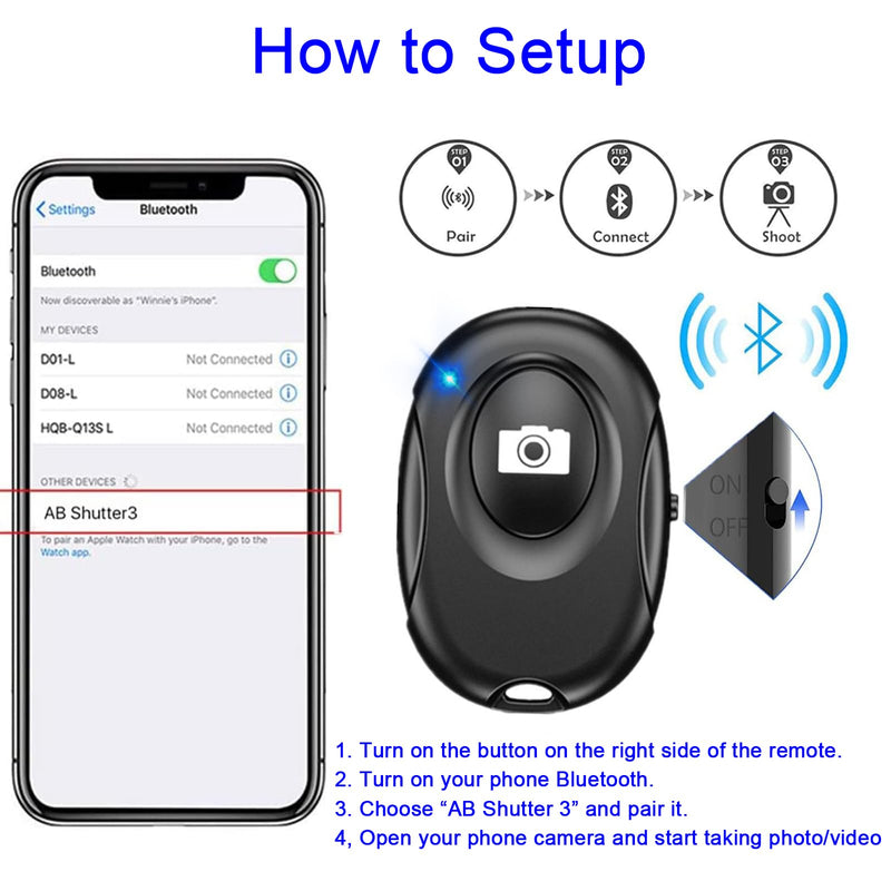 Wireless Camera Shutter Clicker | Camera Shutter Remote Control for iPhone & Android Smartphones | Wireless Remote Control Selfie Button - Includes Wrist Strap, Black