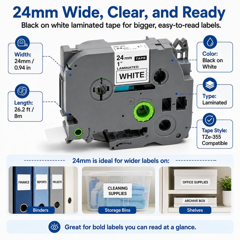 1-Pack 24mm Black on White Label Tape, Compatible with Brother P-Touch TZe-355, PT-D600 PT-D610BT PT-P710BT PT-P700 PT-2730, Laminated Strong Adhesive 0.94 in x 26.2 ft