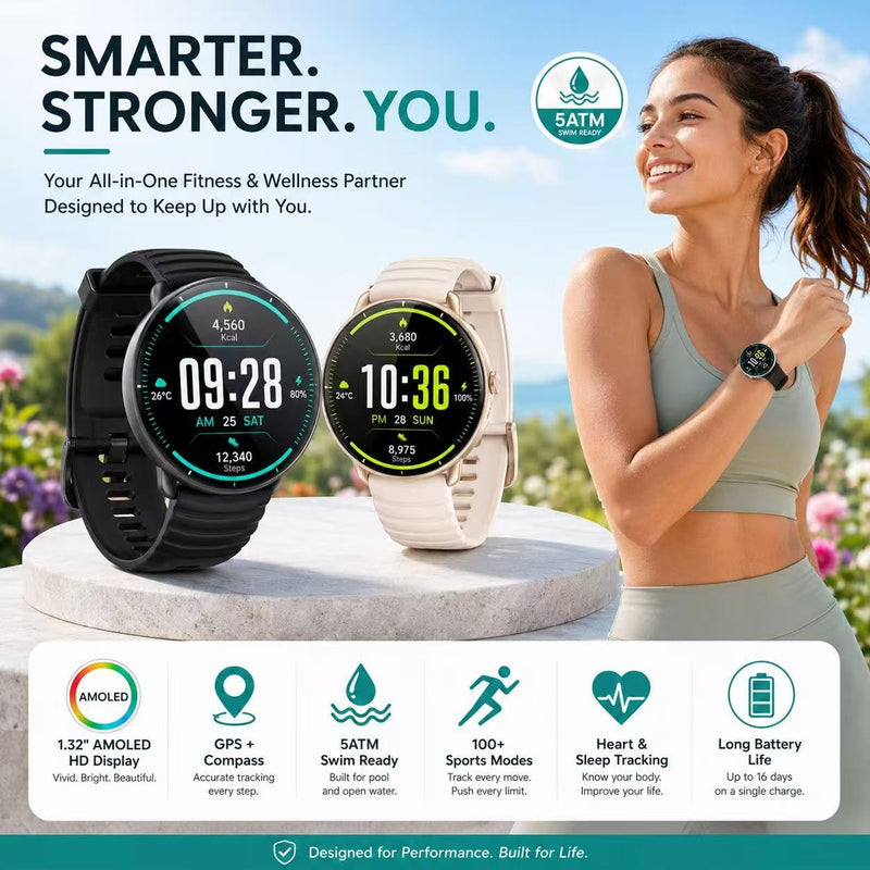Smartwatch for Swimming 5ATM with GPS, Compass, AI Swim Analysis, Heart & Sleep Tracking, 100+ Sports Modes, HD Display, Long Battery Life, Fitness & Outdoor Training Watch - Men & Women (BLACK) BLACK