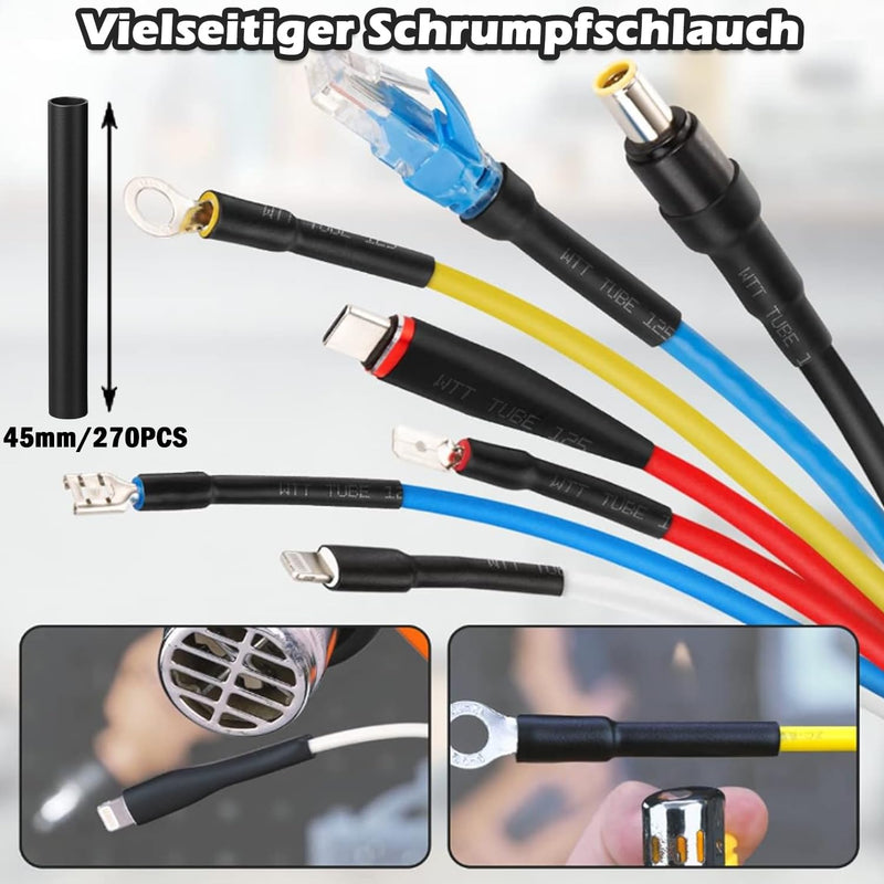 [AUSTRALIA] - Heat Shrink Tubing, 270 Pieces, 3:1 Ratio, Adhesive Coated Heat Shrink Tubing, Marine Quality, 45 mm Length, Heat Shrink Connector, Waterproof, Perfect for Home, Automotive, Industry, 