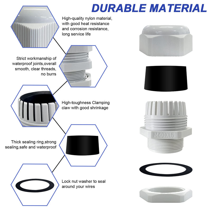 Pack of 6 Cable Glands M40 x 1.5, Bolatus Grey Cable Grommet IP68 Waterproof Fire Prevention Cable Glands with Locknut for Cable Guide M40 x 1,5