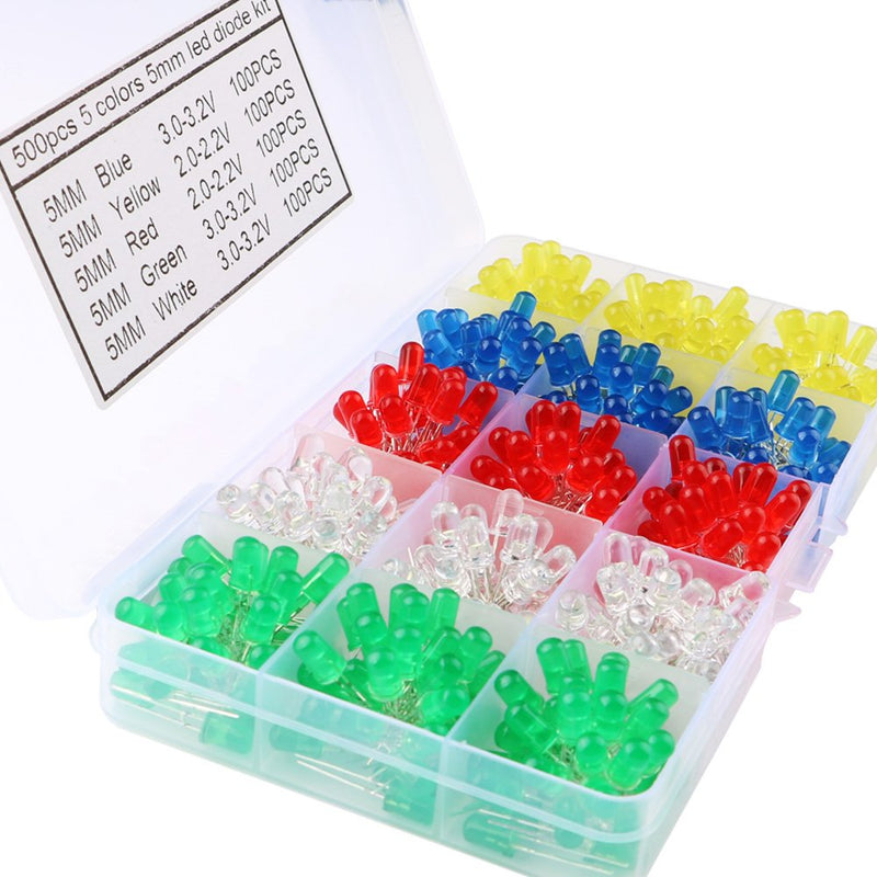 CESFONJER 500 pcs LED light diodes 5 mm, round colour diodes 5 mm 2-pin, (5 colours x 100 pcs), assorted colours white / red / yellow / green / blue kit box set.