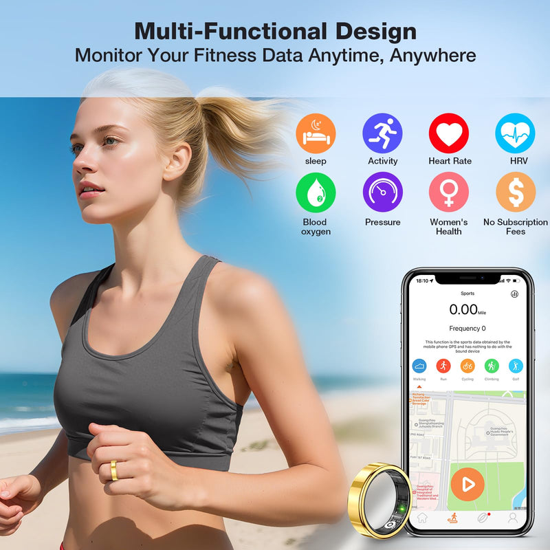 Smart Ring Fitness Tracker, Sleep & Health Tracking Ring for Men Women | Sleep & Fitness Monitor with Heart Rate Sensor, 5ATM Waterproof Tracker for Men & Women, iOS & Android Compatible (Gold, 10) Gold #10
