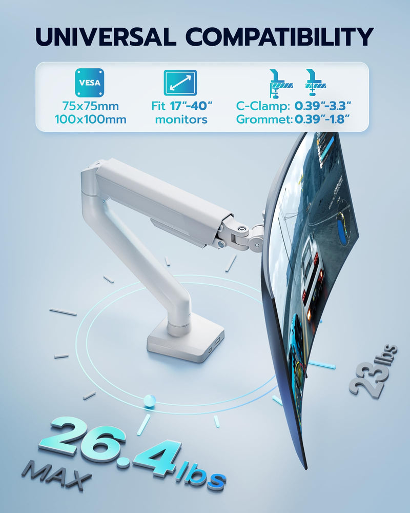 ARES WING 17-40 Inch Heavy Duty Monitor Arm, White | Fully Adjustable Monitor Mount for Ultrawide Screens up to 26.4 lbs with Clamp/Grommet Desk Mount, 75/100 Vesa Mount Non USB