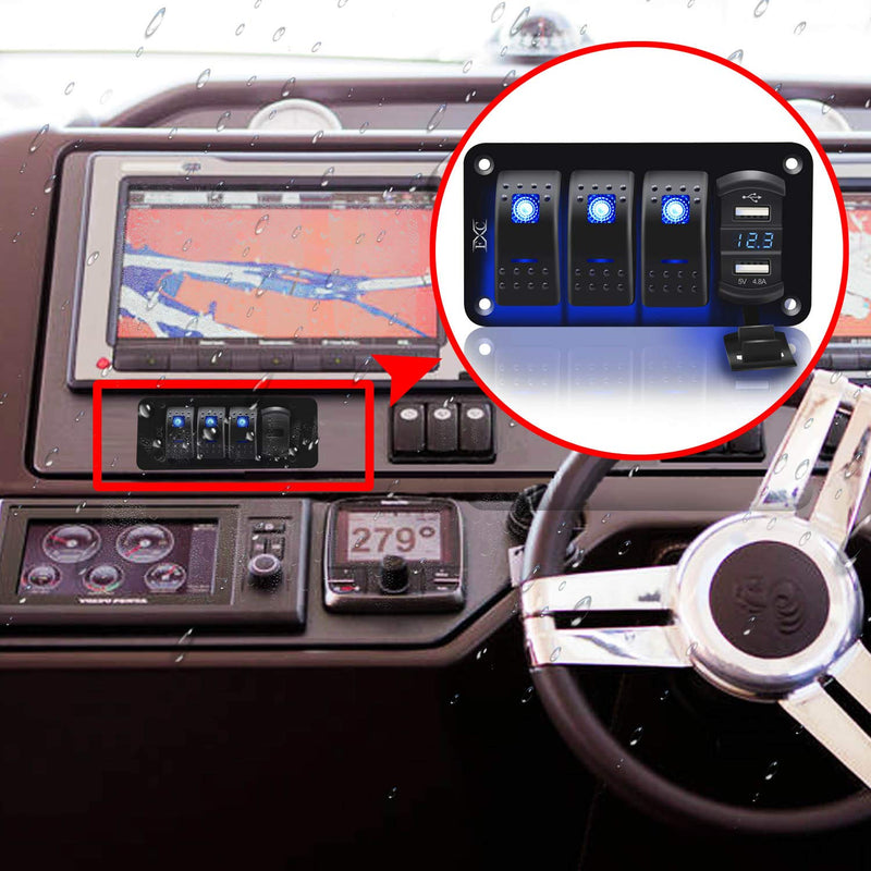 Purishion 3 Gang Rocker Switch Aluminum Panel with Voltmeter & Dual USB(4.8 Amps) Fast Charging, Blue Backlit Led, Pre-Wired IP65 Waterproof for Marine, Boat, Car, Truck, Polaris, Jeep (Blue)