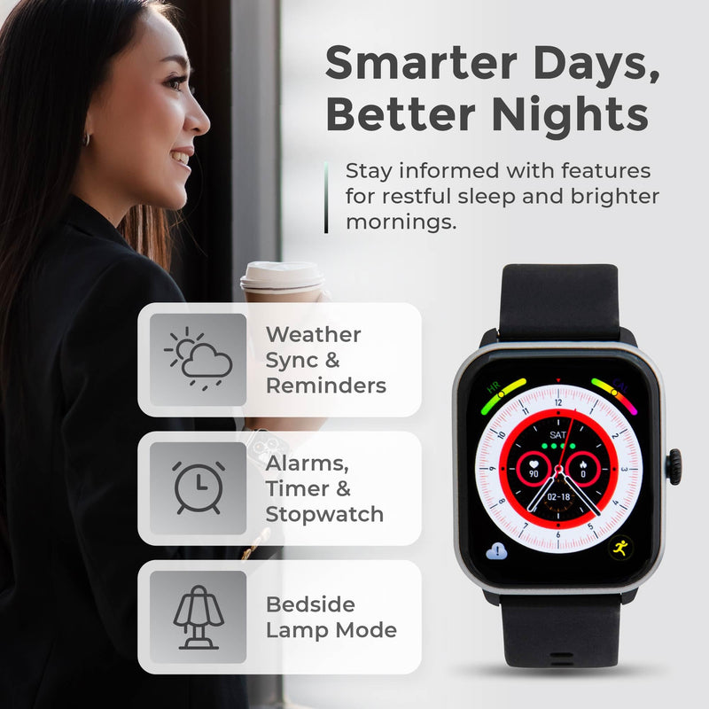 iWatch Silver Smart Watch, 1.85" Touch Screen Fitness Tracker, Men & Women | Black rubber band. AMOLED, Bluetooth calling, heart rate, sleep & step tracking, 3ATM water resistant, iOS & Android Silver Case + Black Rubber Band