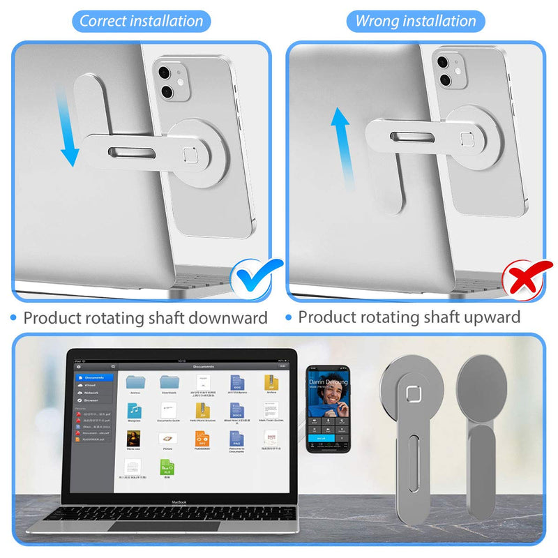 Magnetic Phone Holder for Laptop Designed for iPhone 15/14/ 13/12 MagSafe, Adjustable Phone Monitor Side Mount, Slim Portable Foldable Computer Expansion Bracket, Silver Sliver