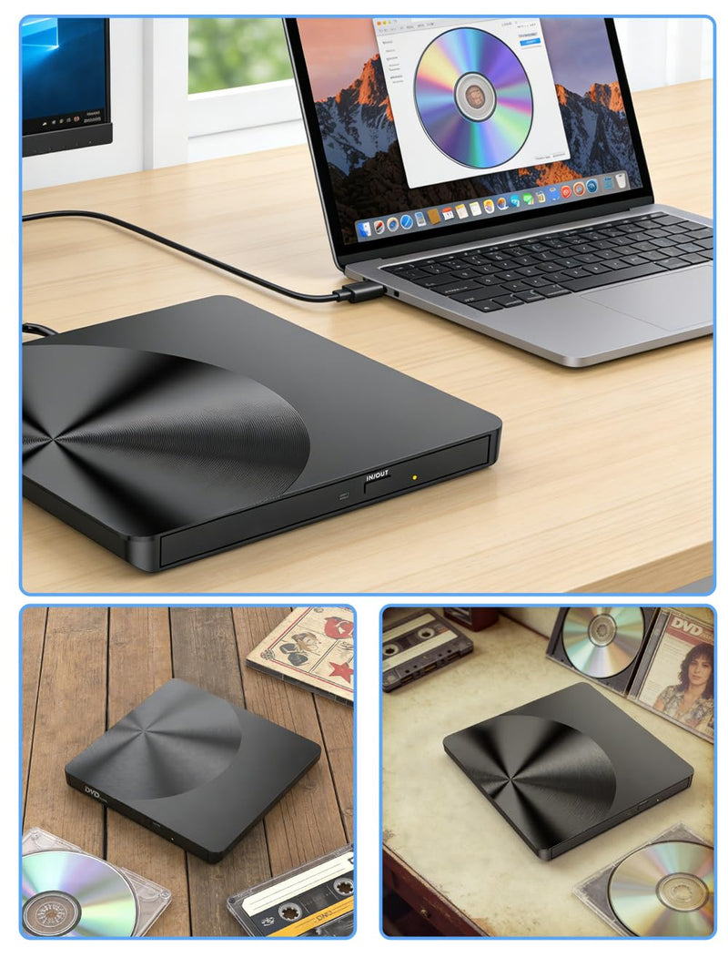 [AUSTRALIA] - Portable External CD/DVD Drive, USB 3.0 & USB C CD Burner +/-RW RW Burner CD ROM Reader Writer Disk Duplicator Optical Drive for Laptop Desktop PC Windows 11/10/8/7 Apple Mac Pro MacBook Mac Linux 