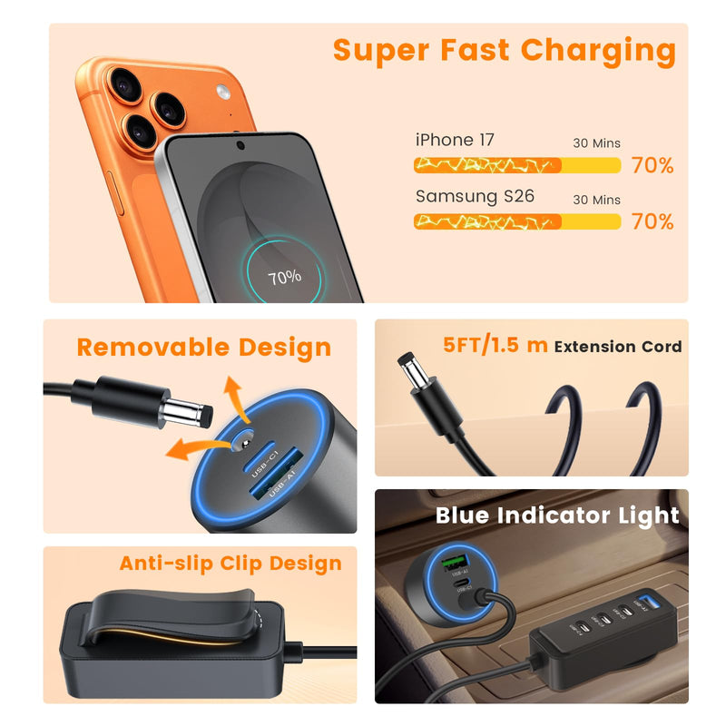 127.5W Fast USB C Car Charger Multiple Ports, 6 Port Road Trip Essentials | for iPhone 17/16/Android, Roadtrip Essentials for Kids, PPS 45W Supper Fast, 12V Cigarette Lighter Charger with 5FT Extension