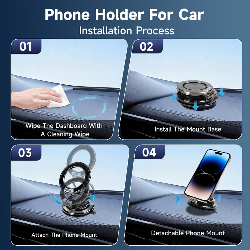 Car Phone Holder, Strong Suction Cup 360° Adjustable Magnetic Phone Mount for Dashboard Windshield, Universal Car Phone Stand Compatible with iPhone 17 16 Pro Max and All Smartphones (Black) Black