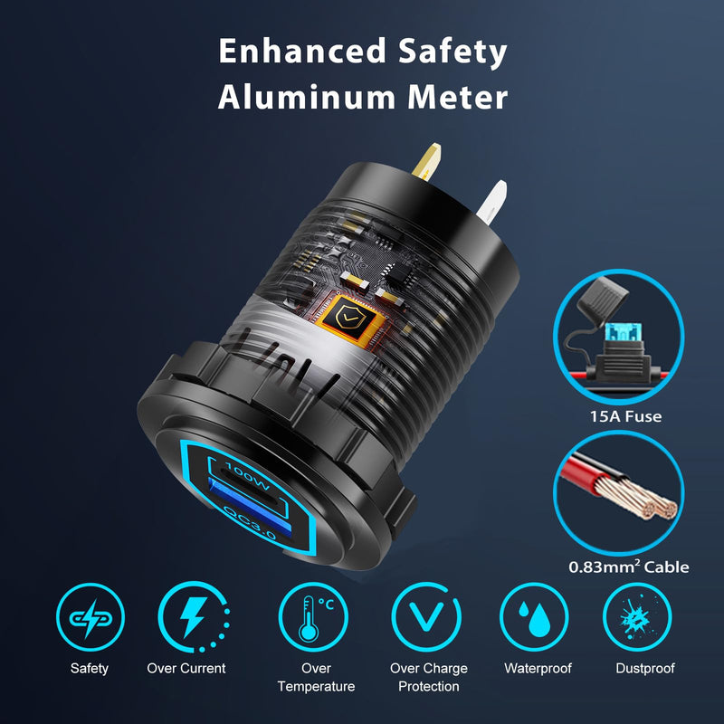 12 Volt USB C Outlet PD 100W Car USB Port for Laptop and QC3.0 18W Car Charger Socket Aluminum Alloy, Fast Charging Cigarette Lighter Replacement DIY Accessary for RV MarineTruck Boat Golf