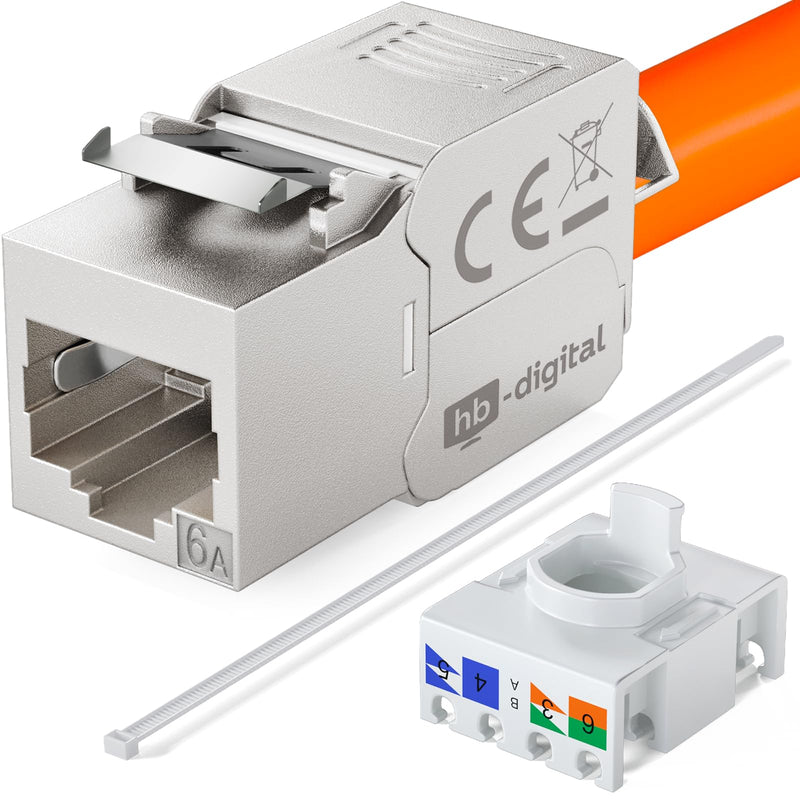 hb-digital 2 x CAT 6a Keystone Module RJ45 Socket STP 10 Gbit/s - Tool-Free LSA - with 1x 2-Port 35 mm DIN Rail Metal DIN Rail Adapter Keystone Holder Ethernet LAN Network Switch