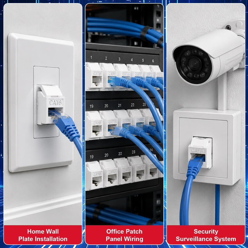 Tellegloww 50 Pack 180 Degree Rj45 Cat6 Keystone Jacks, White Red Module Network Wall Plate Inserts, Toolless 110 Punch Down Ethernet Connectors or Patch Panel
