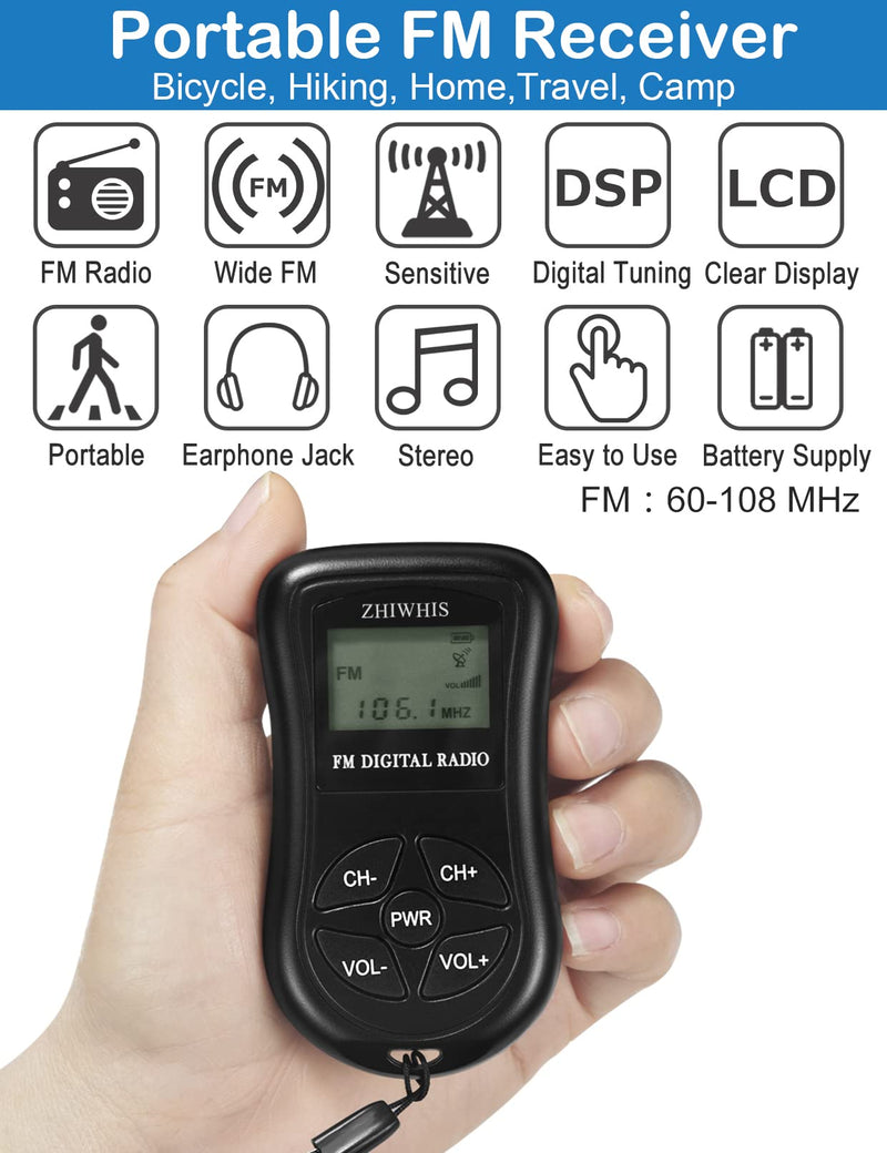 ZHIWHIS Mini Portable FM Radio, Stereo LCD Digital Display Tuning Pocket Walkmen Transistor Conference Receiver with Earphone, Small Pocket Radio Operated by AAA Batteries for Walking/Running Batteries not included