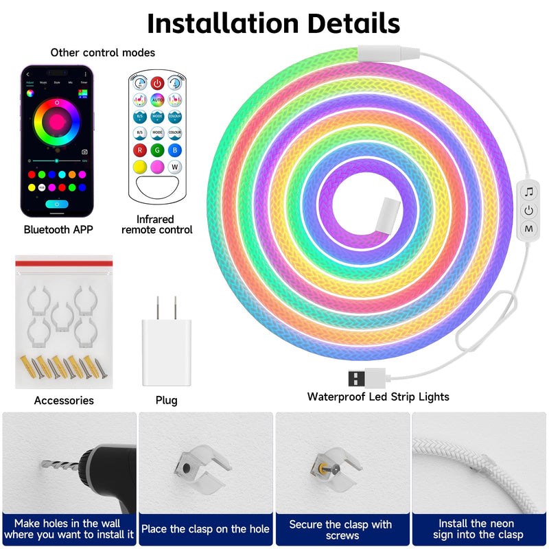 [AUSTRALIA] - Tyute LED Rope Lights, 9.84ft Neon LED Lights Strip with 360 Degree Luminous, 5V USB Flexible IP67 Waterproof Music Sync Remote APP Control Gaming Lights Accessories for Bedroom Outdoor Décor 