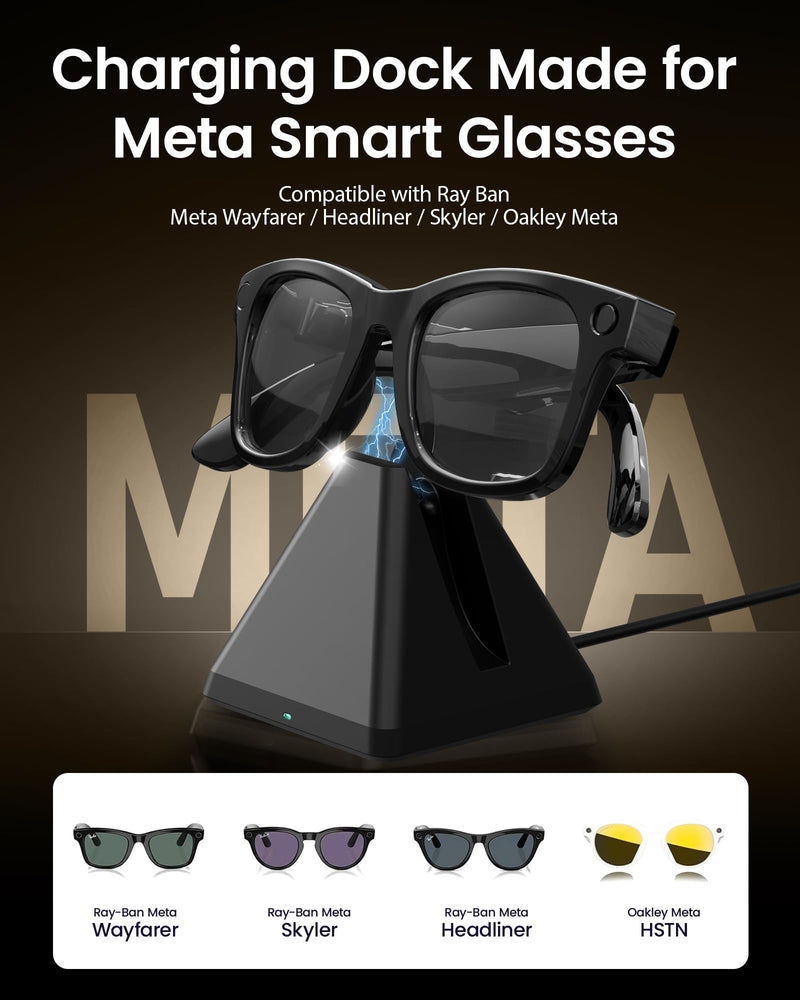 Wearable Battery Pack Charger + Charging Station Compatible with Ray-Ban & Oakley Meta Smart Glasses Gen 1 & Gen 2, Ultra-Light Mini Power Bank & Safe Charging Dock with Proprietary Handshake Protocol