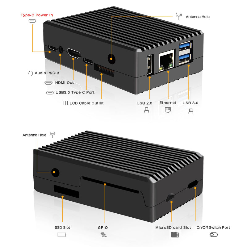 Aluminum Passive Cooling Metal Case for Orange Pi 5 / 5B (N507) | Enclosure with Thermal Pads Supports External Antenna Installation