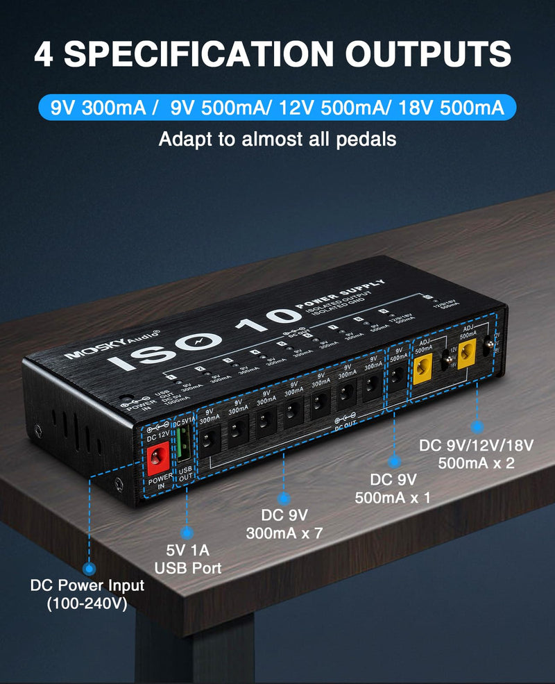 Mosky Guitar Pedal Power Supply 10 Isolated DC Output, 9V 12V 18V 300mA 500mA Effect Pedal Boards Power Supply with USB Port, Short Circuit Overcurrent Protection 1345