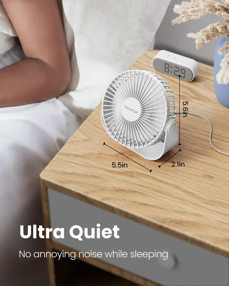 Gaiatop USB Desk Fan, 3 Speeds Portable Small Fan with Strong Airflow, 5.5 Inch Quiet Table Fan, 90° Rotate Personal Cooling Fan For Bedroom Home Office Desktop Travel (White) White
