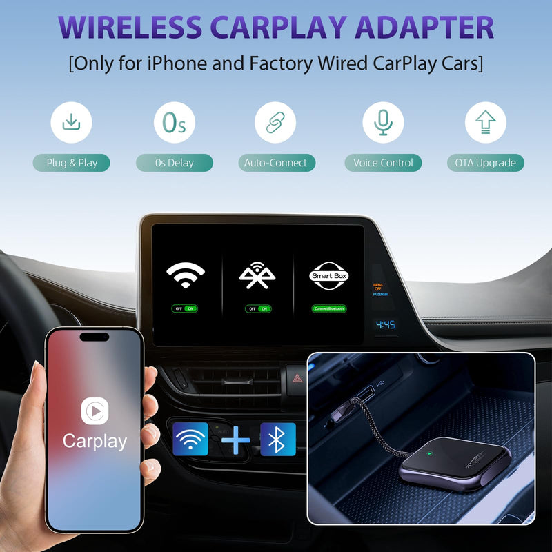 Wireless Carplay Adapter, 2024 Upgrade Converts Wired to Wireless Adapter for iPhone, Plug and Play Dongle for Apple Car Play, Bluetooth Wireless Control Adapter for Cars from 2016 and iOS 10+, Black