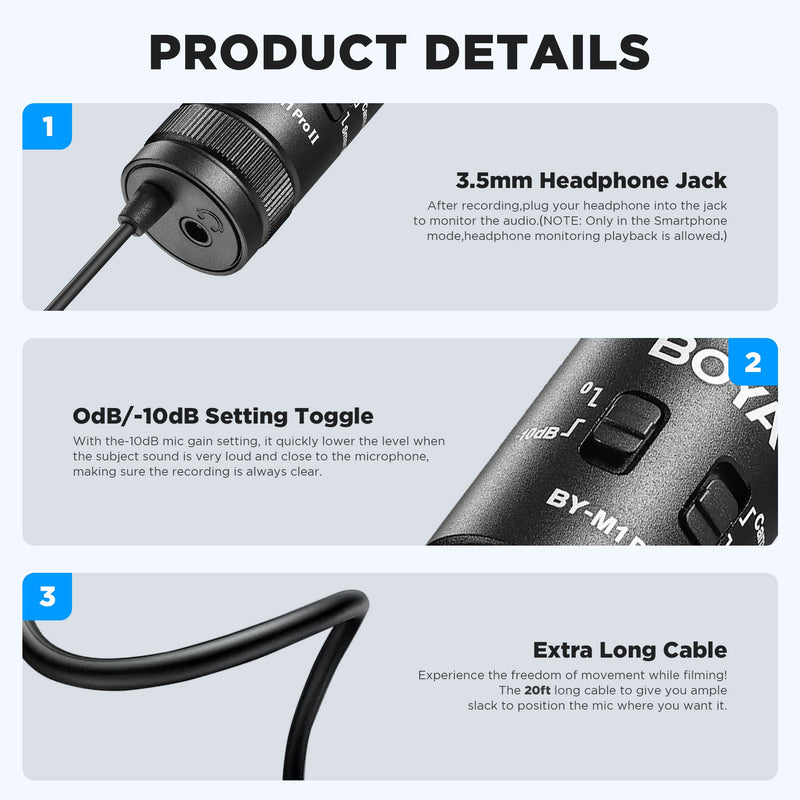 [AUSTRALIA] - BOYA Lavalier Lapel Microphone - No Battery, by-M1 Pro ll Omnidirectional Condenser Mic for iPhone Camera Android PC Windows - for YouTube, Interview, Video Recording 19.6ft 