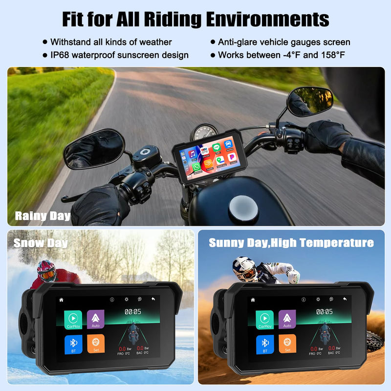 CAMECHO Portable Car Play Screen for Motorcycle, Wireless CarPlay & Android Auto for Motorbike, 5" IP68 Waterproof Touch Screen Motorcycle GPS Navigation System,Bluetooth, Support Siri USB TF EQ 12V 5 Inch+Tire Pressure