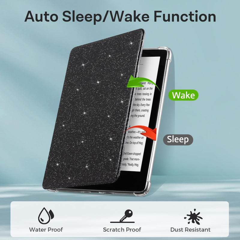 CoBak Case for Kindle Paperwhite - New PU Leather Cover and Clear Soft Silicone Back Cover with Auto Sleep Wake Feature for Kindle Paperwhite Signature Edition (6.8" 11th Generation 2021 Released) L-Glitter Black