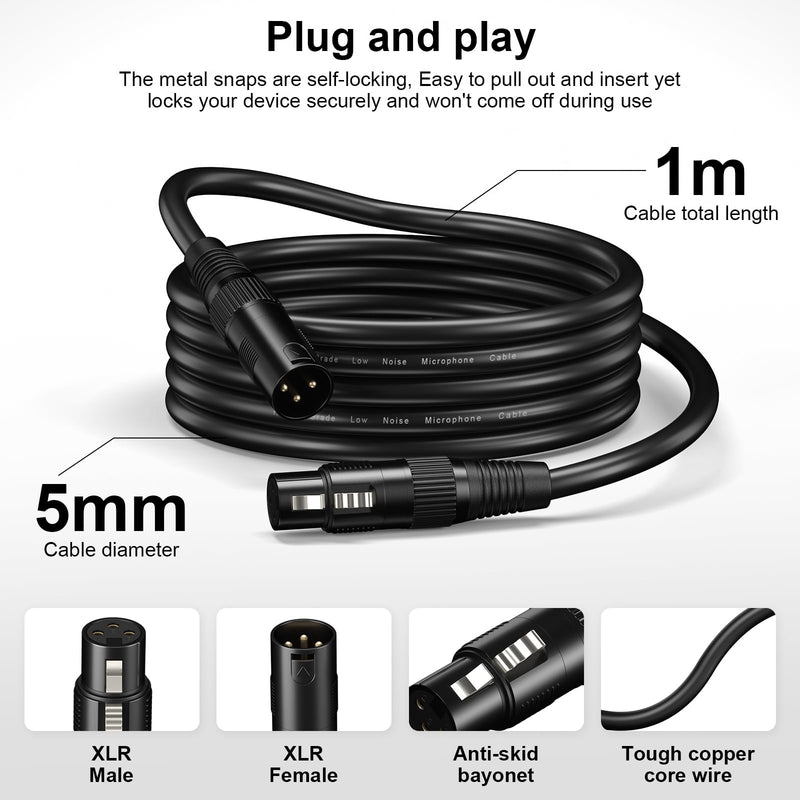Aokeo XLR Cables 3FT 2 Pack, XLR Male to Female Microphone Cable for Speaker and Audio Setups,All Copper Conductors（1M） 3FT 6 Pack