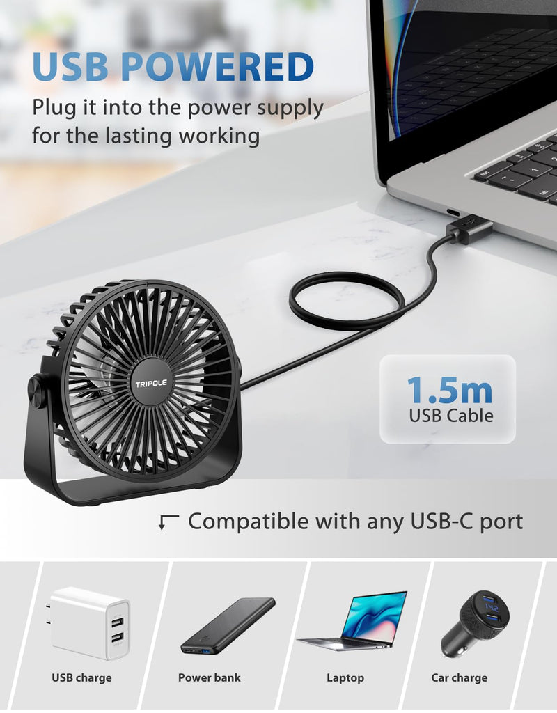 [AUSTRALIA] - TriPole USB Desk Fan 4.5 Inches Portable Mini Fan Powerful 3 Speeds Wind Personal Desktop Fan with 360° Head Rotation for Home Office Car Indoor Outdoor 2 Pack Black Black + Black 