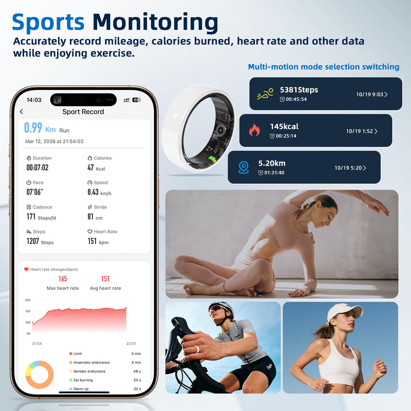 Smart Ring, Ceramics Fitness Tracker & Health Monitoring Ring with Heart Rate Sleep Tracking, Multi-Sport Activity Tracker, 5ATM Waterproof, iOS Android Compatible(White, 9) White