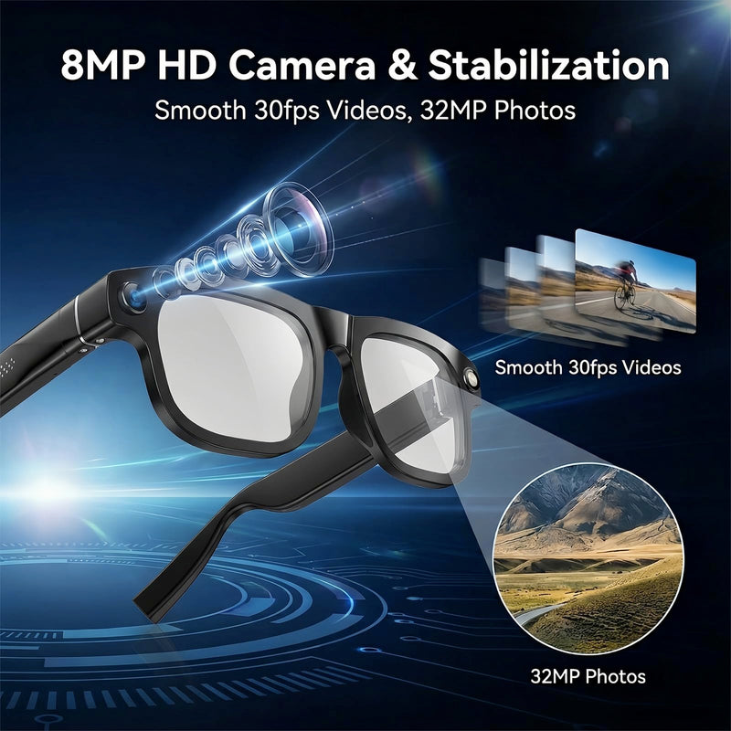 AI Smart Glasses with Camera, 8MP HD Bluetooth Camera Glasses for Women Men | 1080P Video Recording Sunglasses, Real Time Translation, Voice Assistant, Open Earbuds, Travel, Work, Vlog Night Black
