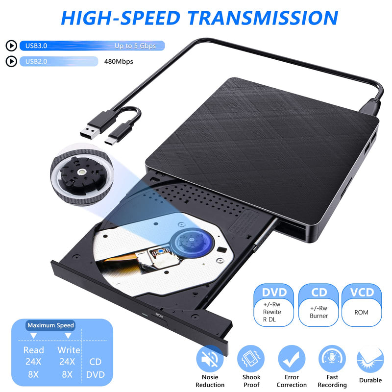 [AUSTRALIA] - HATOKU External CD/DVD Drive for Laptop (USB 3.0 & USB-C): 8X DVD/24X CD Burner Writer - Portable DVD Player for Laptop - Plug & Play External CD Drive for PC Desktop Windows 11 10 8 7 MacOS Linux Black 