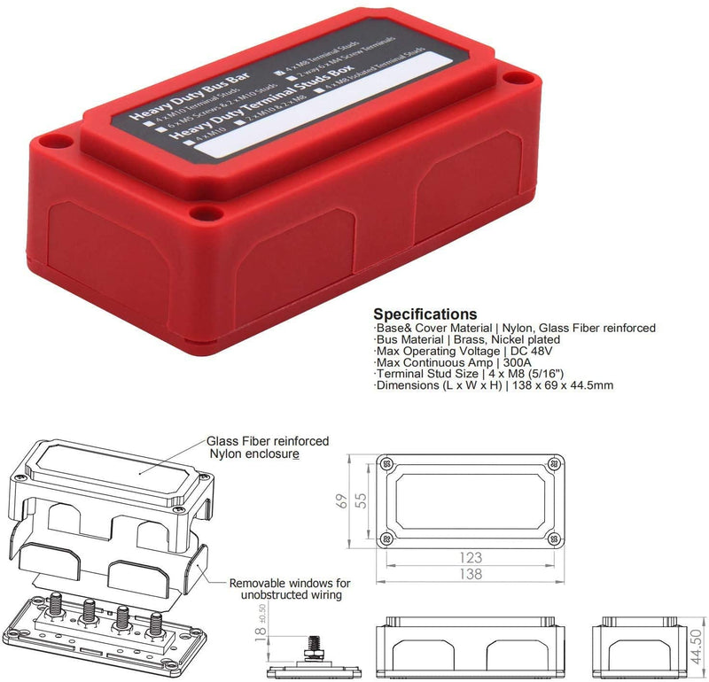 Gloaso 12V-48V DC Busbar Distribution Block 300A Busbar with 4x M8 Bolt Terminal Strips, Heavy Duty Bus Bar, Grounding Current, Busbars, Battery, 300 Amp for Car, Motorhome, Truck, Solar Boat, Marine 300 A, 4 x M8, red