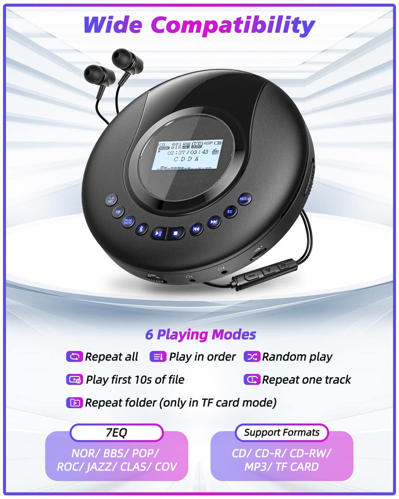 CD Player Portable ARAFUNA, Portable CD Player Bluetooth with FM Radio, 2000mAh Rechargeable CD Player for Car with LCD Screen, Anti Shock Protection Walkman CD Player with Headphone, AUX Cable Black