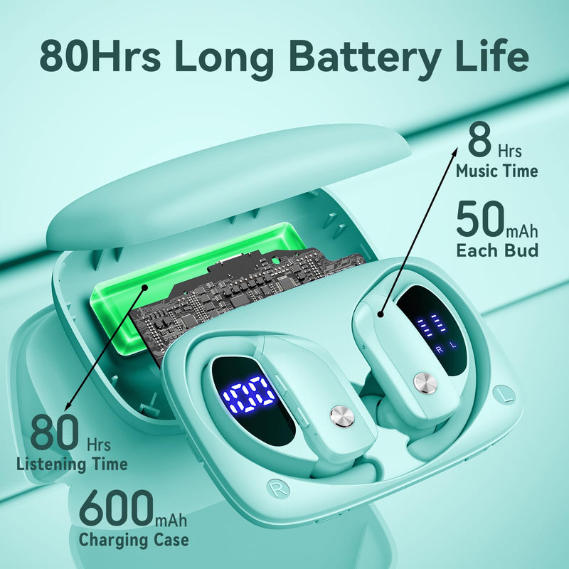 bmani Ear Buds Wireless Earbuds Bluetooth Headphones with 80H Playtime LED Display Case, Over-Ear Hook with Mic, Stereo Sound, Easy Button Controls, Sports Earphones for Running Workout Gym Mint Green Standard