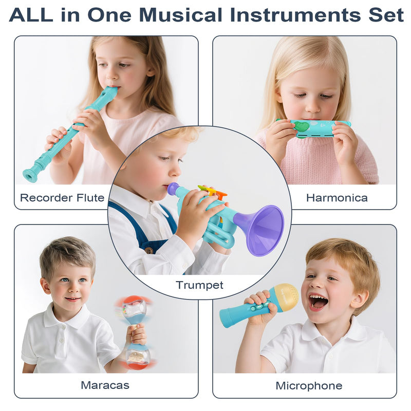Musical Toys for 2 3 Year Old Boy Girl Birthday Gifts, 5 in 1 Montessori Musical Instruments for Toddlers 2-4 with Trumpet/Microphone/Flute/Harmonica, Preschool Learning Toys for Baby 18+ Months Plastic Set