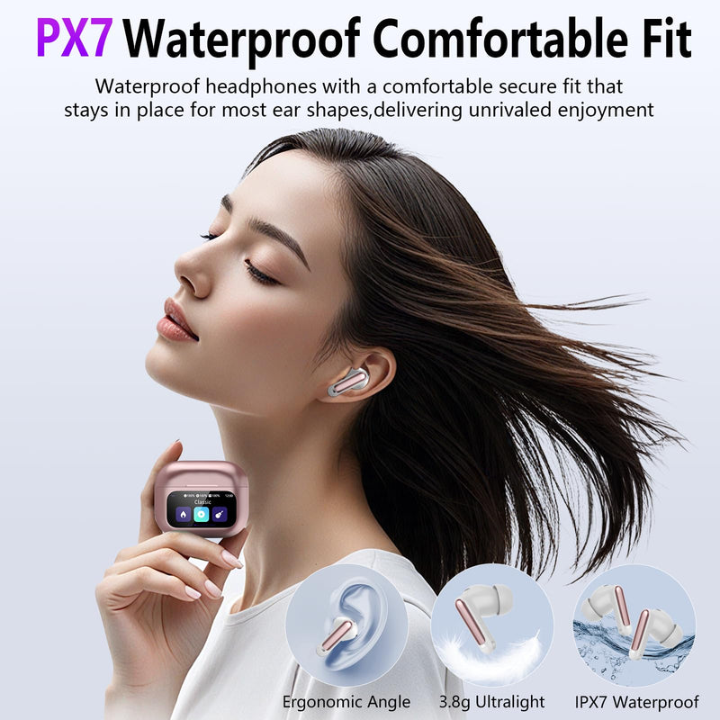 Wireless Earbuds, Bluetooth 5.4 Headphones with Multifunctional Touch Screen, 48H Bass Stereo Ear Buds with ANC/ENC Noise Cancelling/Transparency Mode,IPX7 Earphones with 5 EQ Modes,Rose Gold Rose Gold