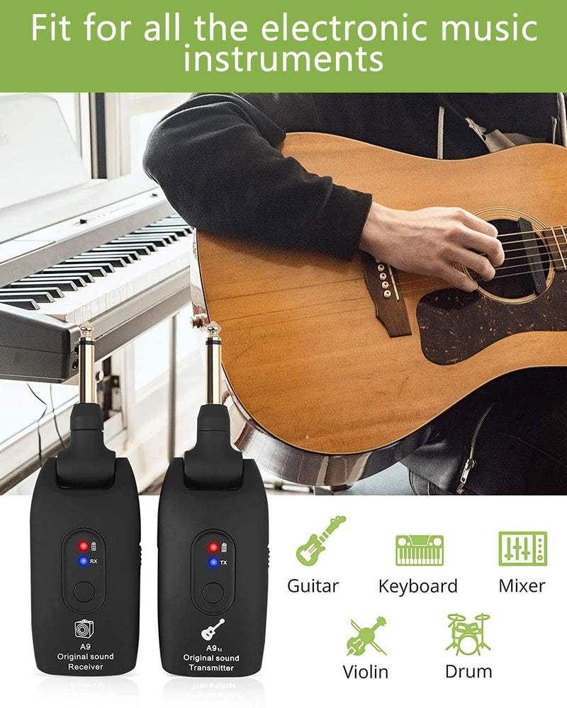 KeeKit 2.4GHz Wireless Guitar System, Rechargeable Audio Transmitter & Receiver with 6.35mm (1/4") Female to 3.5mm Male Adapter, Wireless Guitar Kit for Bass, Keyboard, Electric Organ