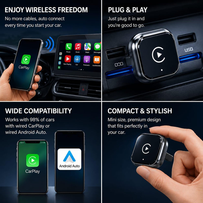 2-in-1 Mini Wireless CarPlay & Android Auto Adapter | Plug & Play, Converts Wired to Wireless, Fast Auto-Connect, Compact Design, USB/USB-C Port