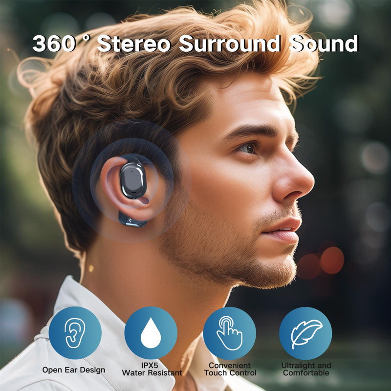 ZIHNIC Open-Ear Wireless Bluetooth Headphones with Mic,28H Battery, IPX5 Waterproof, Comfortable Ear Hooks,Compatible with Any Phone-Black