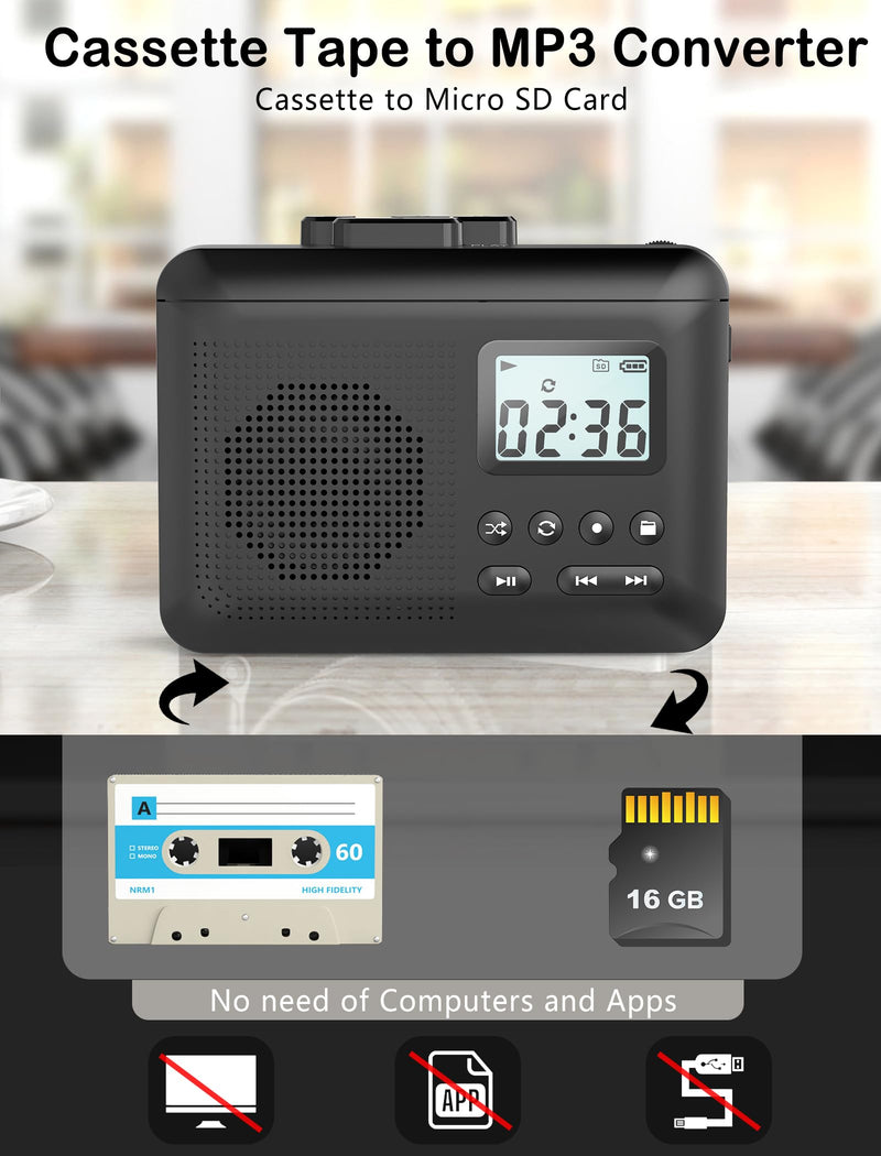 [AUSTRALIA] - Portable Cassette Player,Cassette to MP3 via SD Card, Walkman Cassette Tape Player with 1000mah Rechargeable Battery,Built-in Microphone&Speaker,Headphone Jack,16GB SD Card(Black) Black 