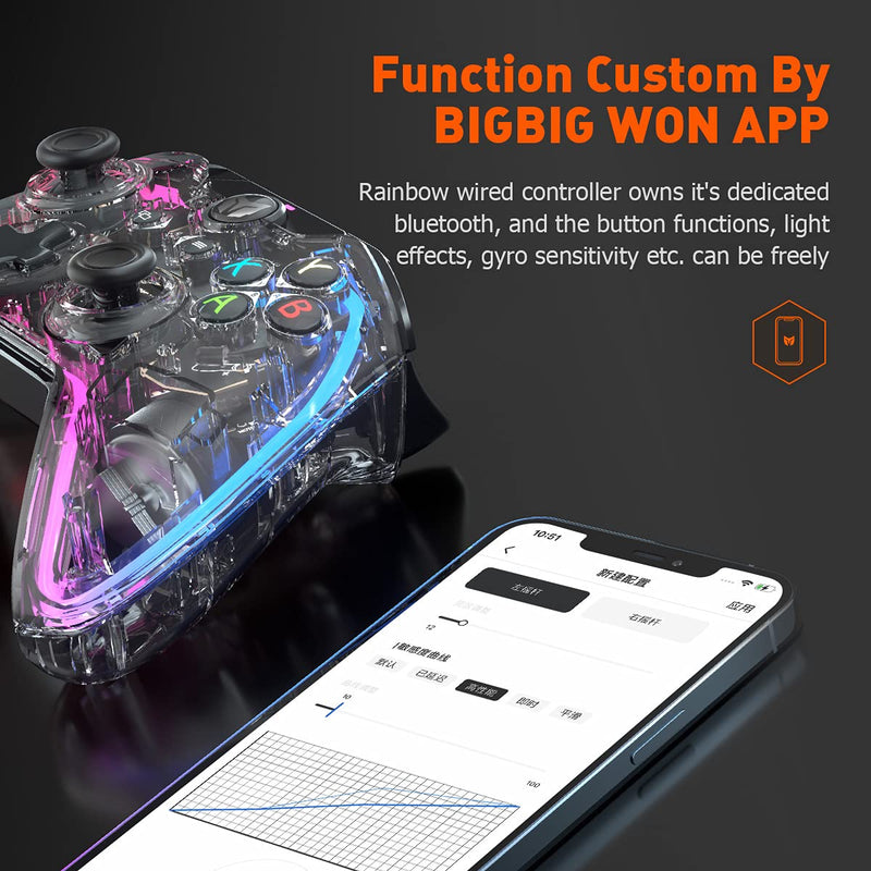 Wired PC Controller, BIGBIG WON Rainbow Game Controller RGB Light, Motion Aim, Custom Buttons, Macro, Turbo, Dual Shock Wired Controller for Switch/Win10&11 Controller for PS5/PS4 via R90 Adapter-1pc