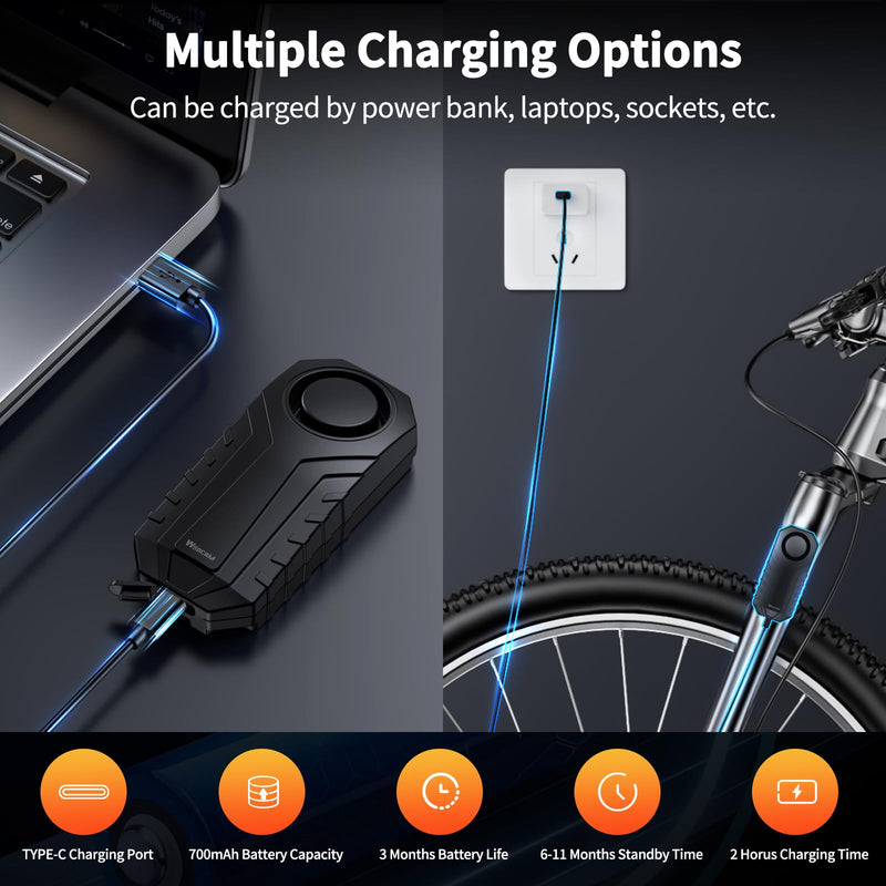 [AUSTRALIA] - WSDCAM Wireless Bike Alarm with Remote, Rechargeable 113dB Loud Bicycle Alarm System Anti Theft, IP65 Waterproof, Bike Alarms for E-bikes, Motorcycles, Scooter, Outdoor Riding and Cycling Safety 
