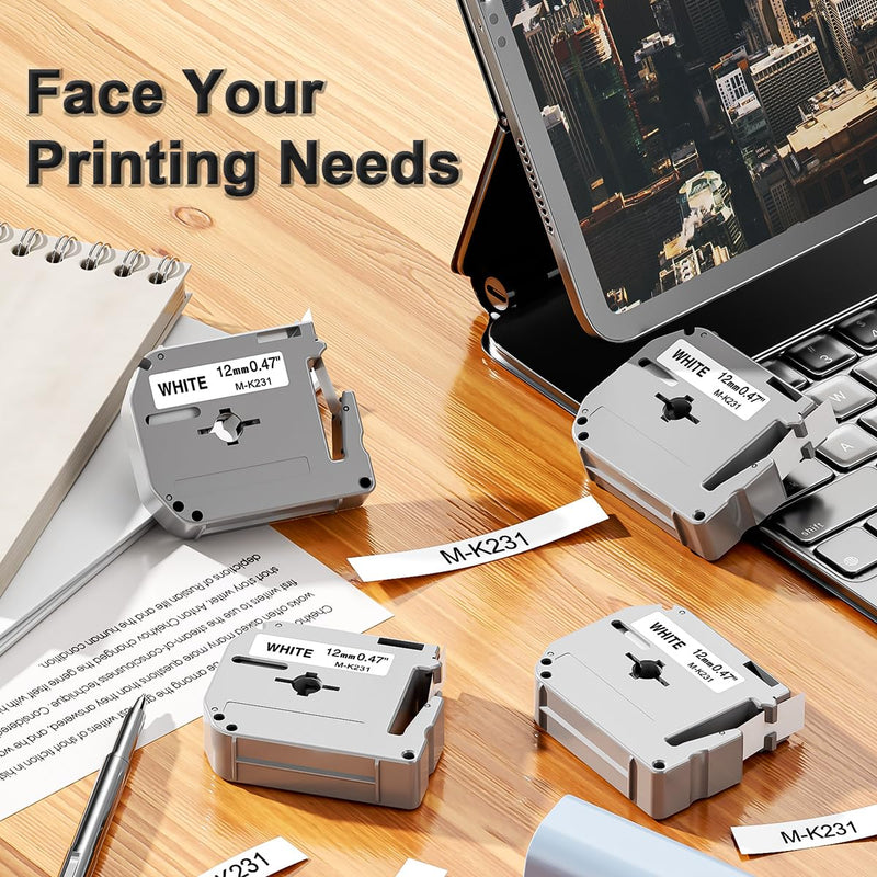 [AUSTRALIA] - Labelife M-K231 Label Tape Replace for Brother P Touch M Tape M-K231S M231 MK231 M-231 12mm 0.47 Inch for Brother PTouch PT-M95 PT-65 PT-80 PT-70 PT-45 PT-90 Label Makers, Black on White, 4 Pack 