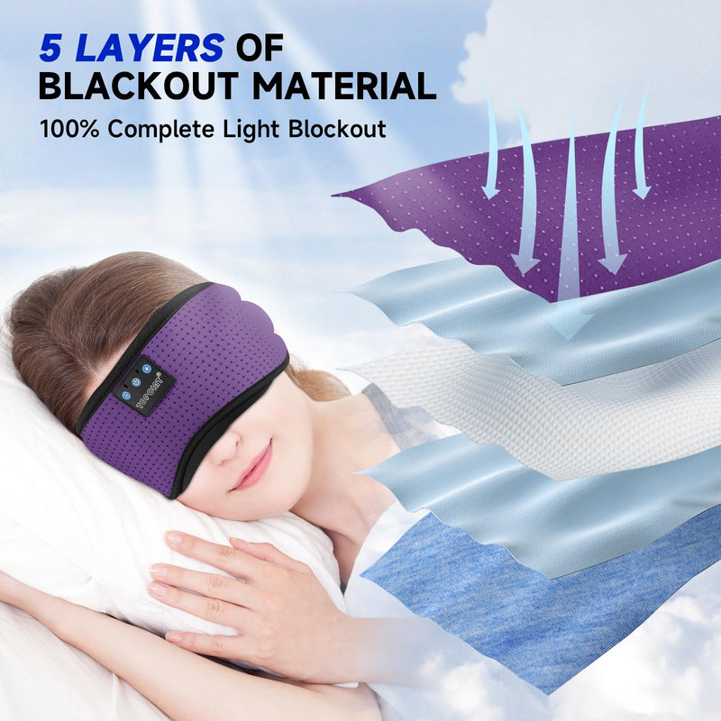 TOPOINT Sleep Mask Headphones Bluetooth Wireless 5.4, Breathable Cotton Eye Mask for Sleeping Side Sleepers Travel Music Headsets with Microphone Handsfree Men Women Deep Purple